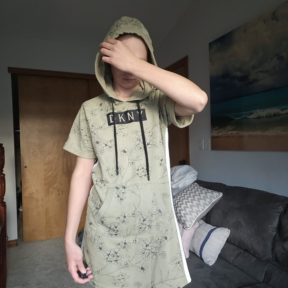 DKNY Olive Green Floral Short Sleeve Hoodie Dress